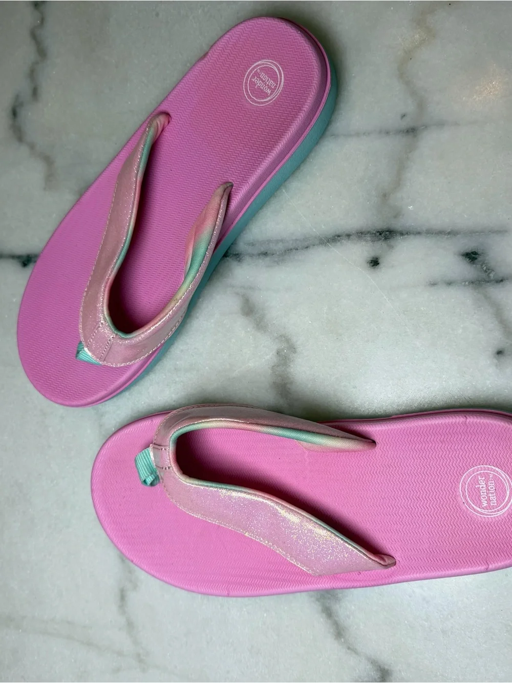 NWOT Wonder Nation Kids Pink Glitter Flip Flop Sandals with Mint Accent
